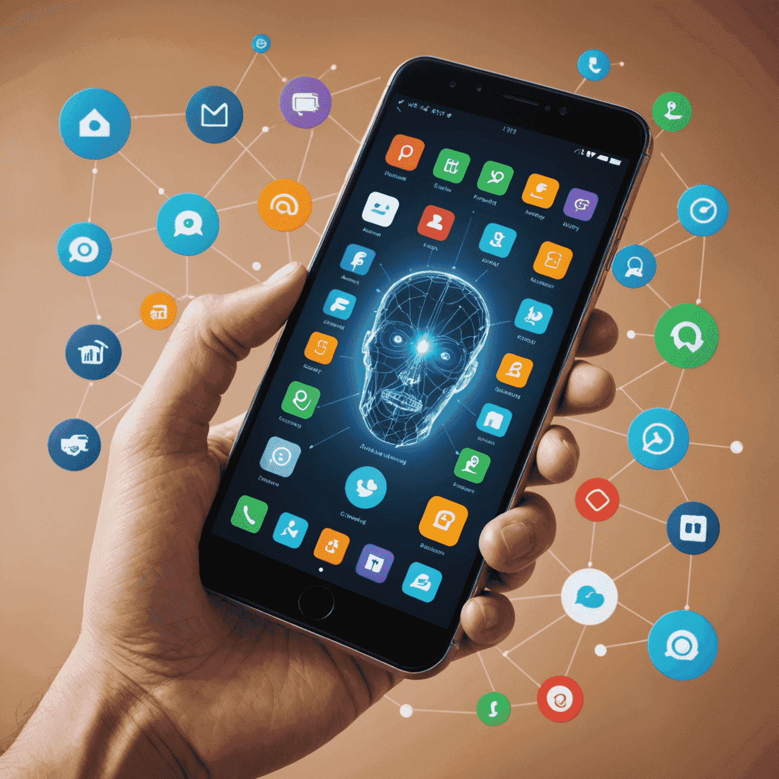 صورة توضيحية لتطبيقات الهواتف الذكية الحديثة تعرض واجهات مستخدم متطورة ورموز لتقنيات مثل الذكاء الاصطناعي والواقع المعزز