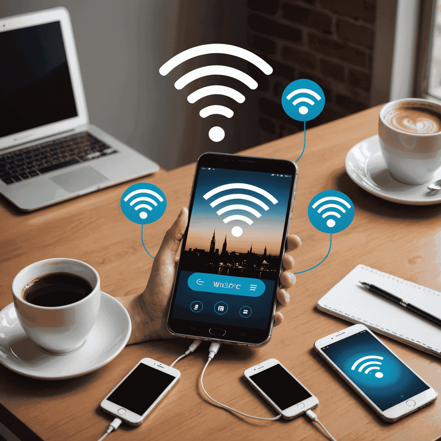 صورة توضيحية لنقطة الاتصال المتنقلة، تظهر هاتفًا ذكيًا يبث إشارة Wi-Fi إلى أجهزة متعددة